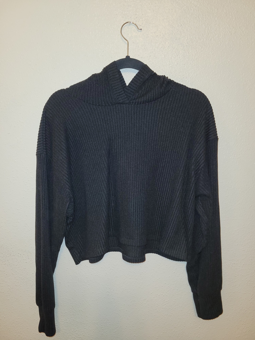 Hollister Womens L Black Ribbed Oversized Pullover Hoodie Boxy Cropped